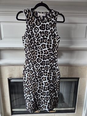 Michael Kors Leopard Print Bodycon Midi Dress Sleeveless Textured Knit Size S